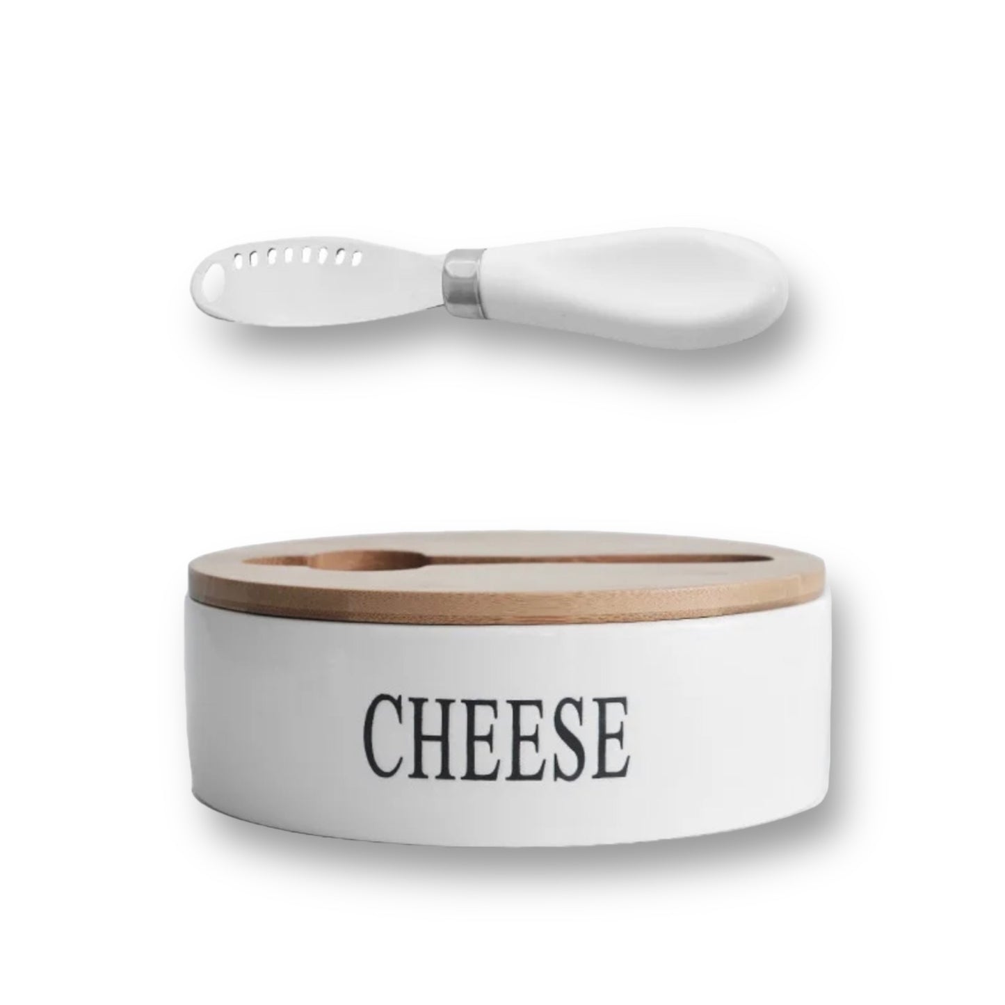 Round ceramic sealable cheese dish with bamboo lid