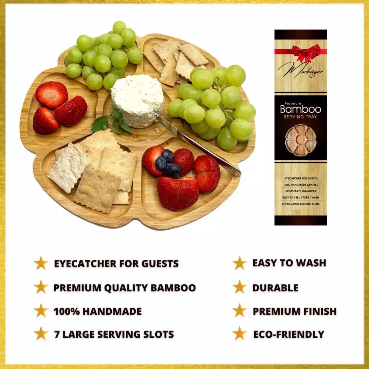 Snack serving bamboo tray with compartments