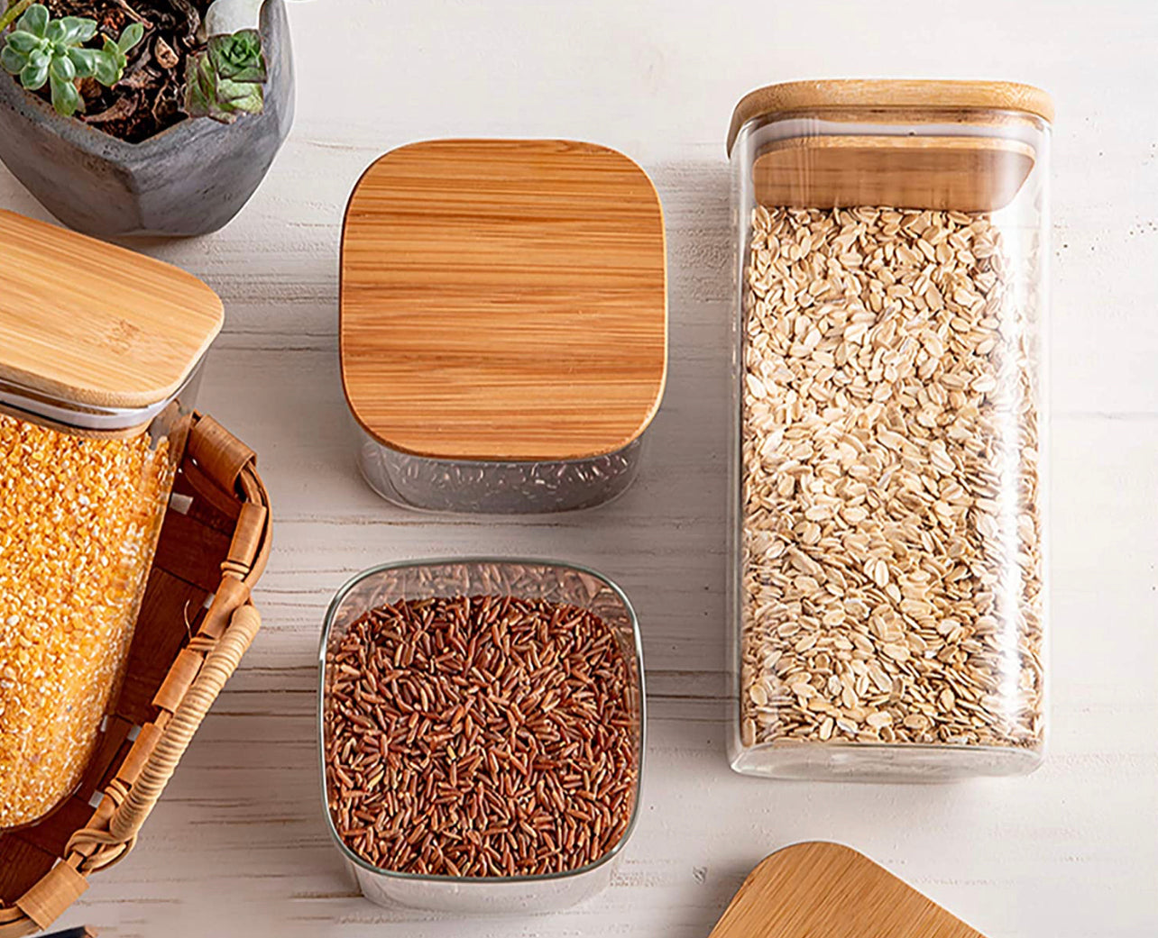 Square Borosilicate Glass Storage With Bamboo Lids