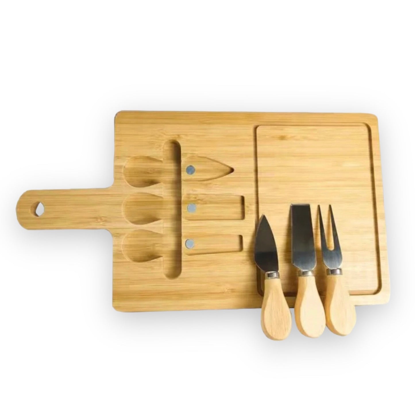 Multipurpose bamboo cheese serving board with set of knives