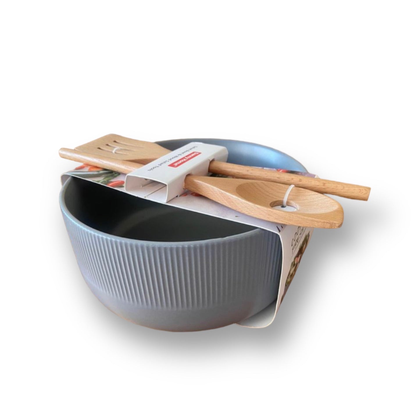 Salad ceramic bowl with wooden utensils