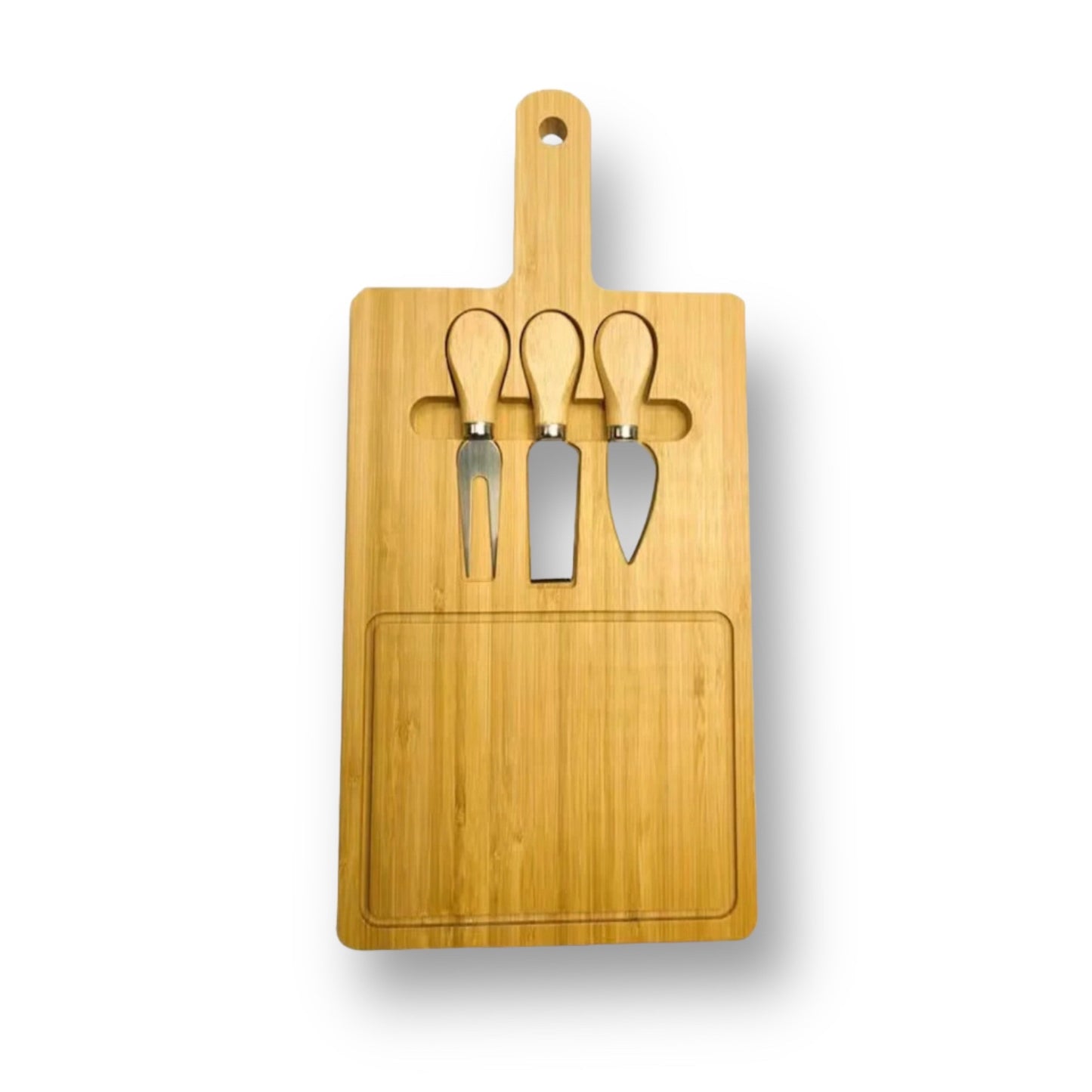 Multipurpose bamboo cheese serving board with set of knives