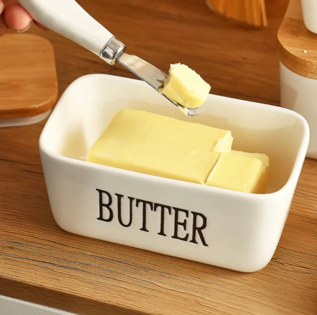Ceramic Butter Storage Container With Bamboo Lid